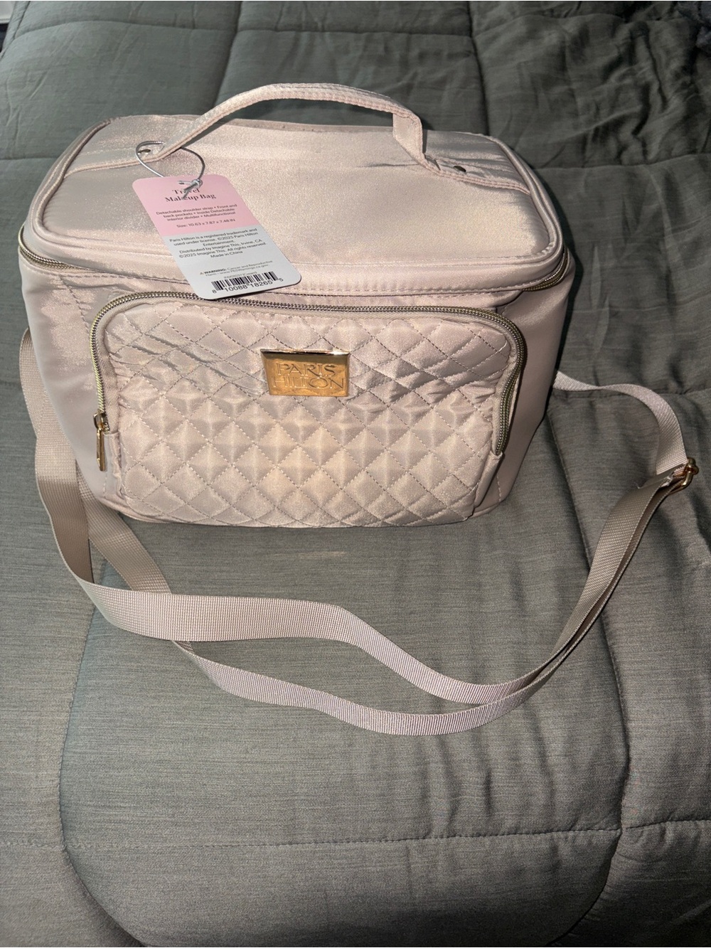 Paris Hilton Blush Quilted Cosmetic Travel Bag with Gold Plate